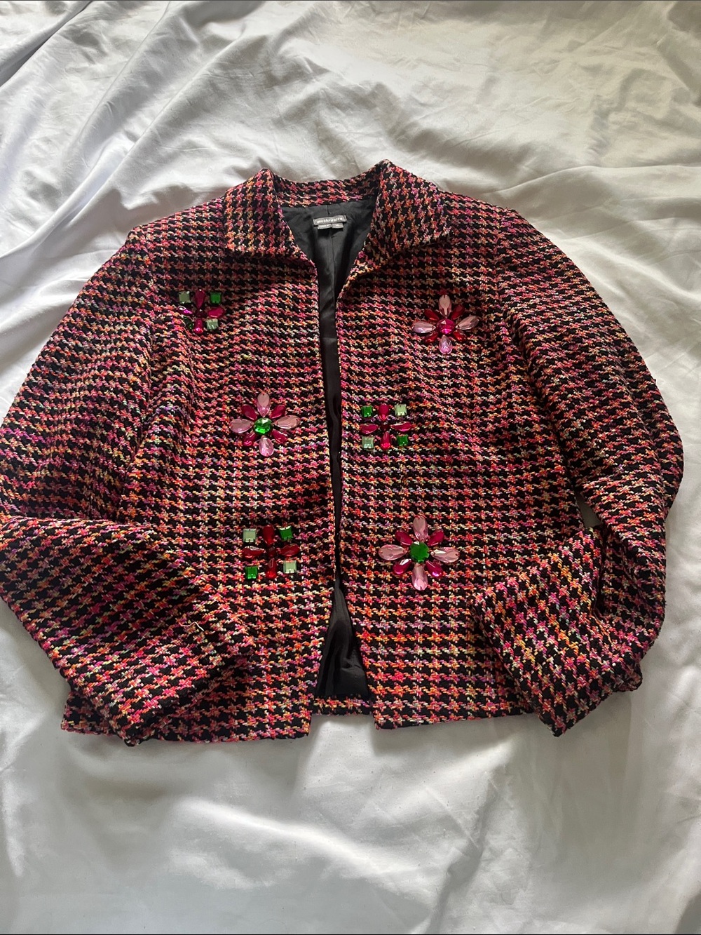 Cropped Pink Houndstooth Embellished Jacket